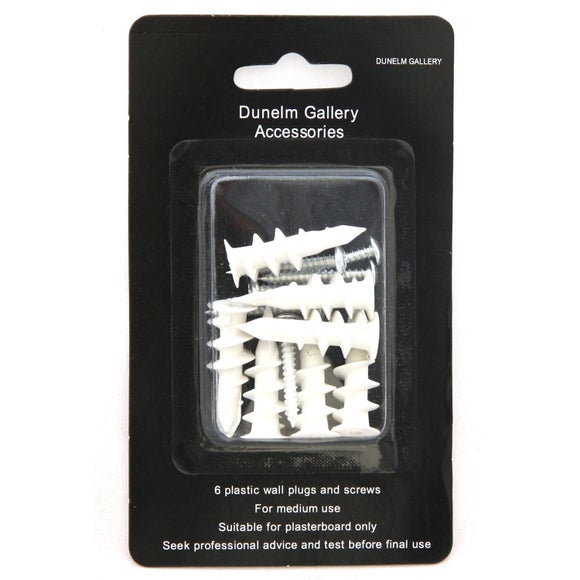 Pack Of 6 Plasterboard Wall Fixing Plugs and Screws