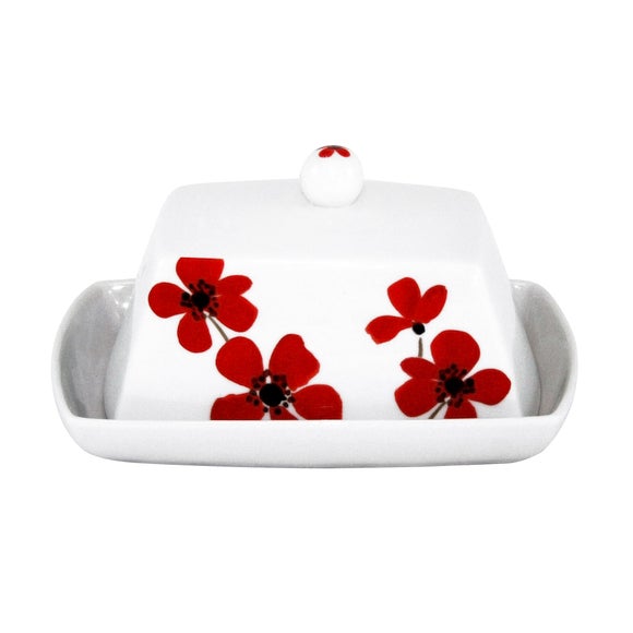 Red Painted Poppy Collection Butter Dish Dunelm