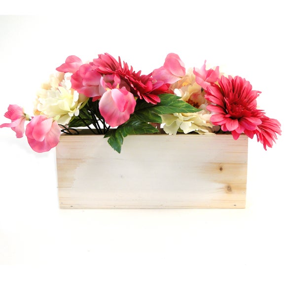 Pink Floral Arrangement Wood Planter