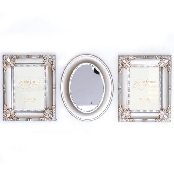 Silver Ornate Photo Frame and Mirror Set