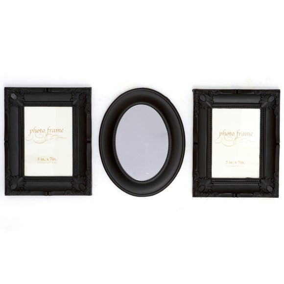 Black Ornate Photo Frame and Mirror Set