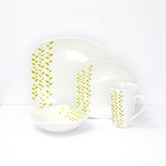 Green Leaves 16 Piece Square Dinnerware Set