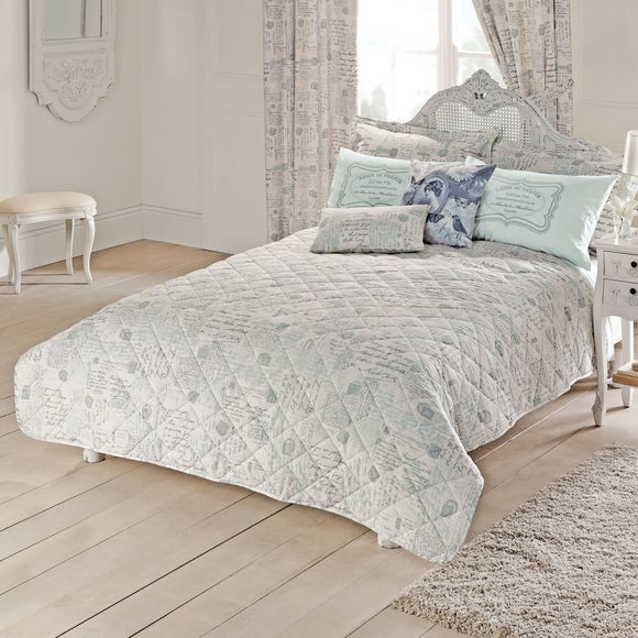 Duck Egg Vintage Paris Script Bedspread Dunelm