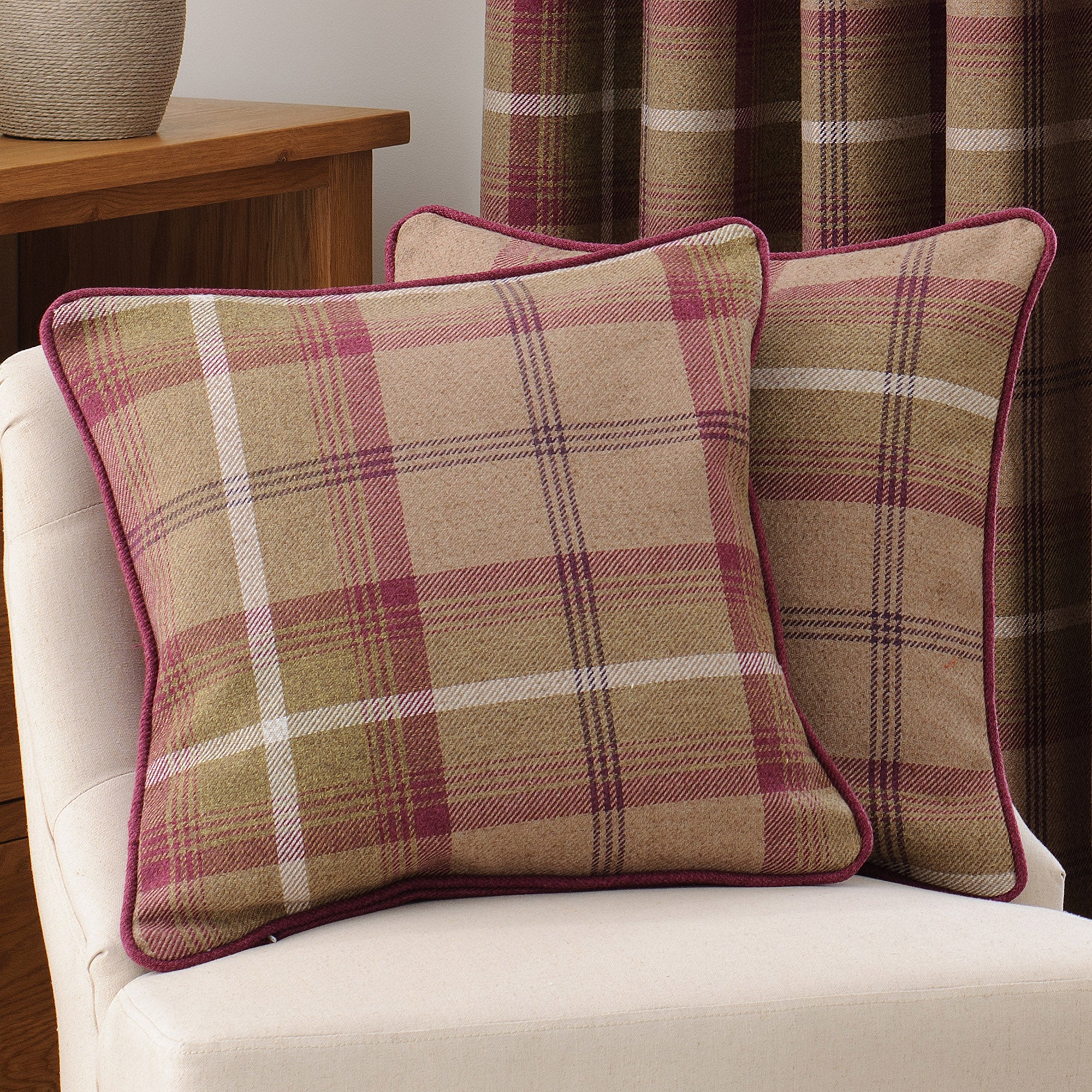 Plum Highland Check Collection Filled Cushion Dunelm