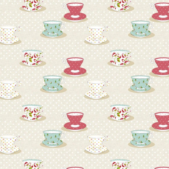 Vintage Tea Cups PVC Fabric Dunelm